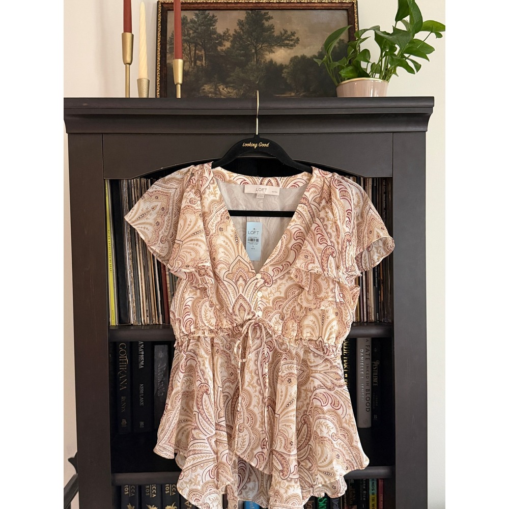 Y2K Boho Earthy Romantic Paisley Ruffle Top Small Petite Tan Pink V-Neck NWT